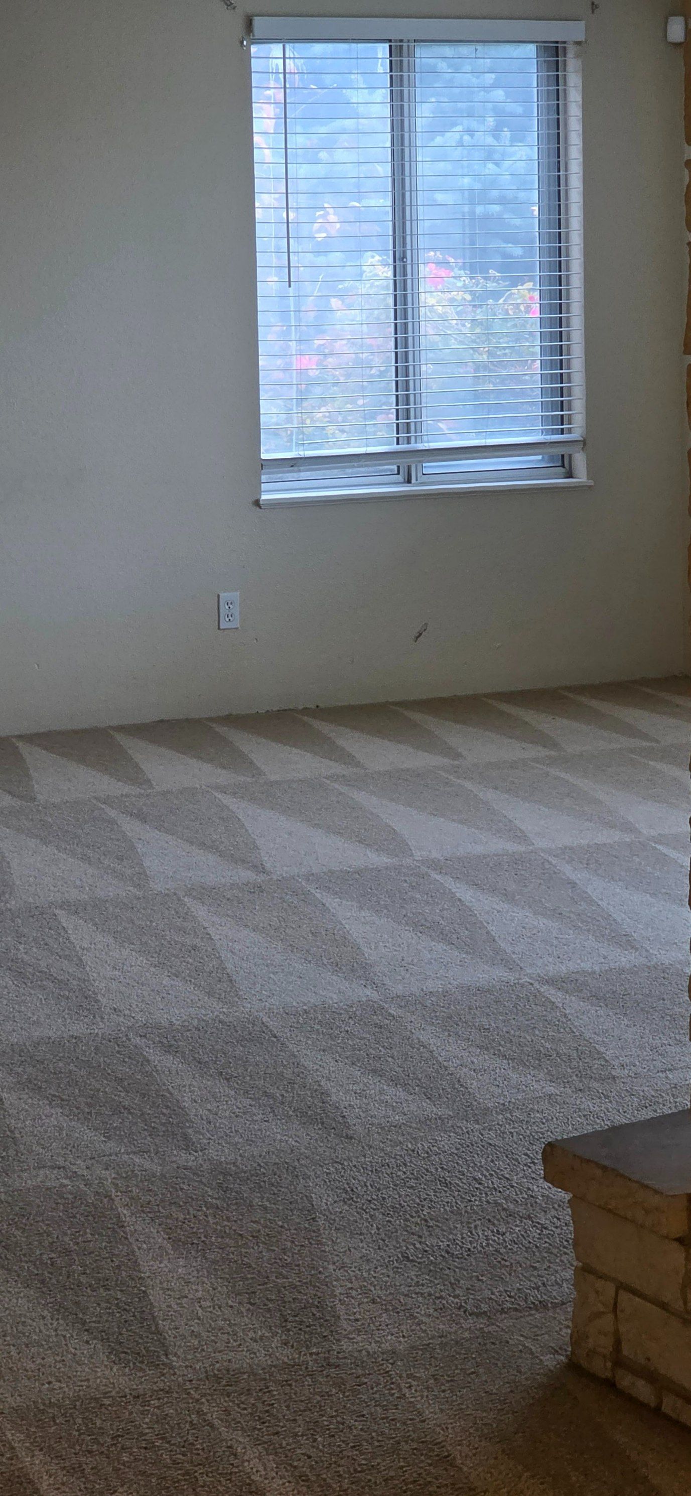 Empty beige carpeted room with a window and blinds, plus a small built-in fireplace or hearth