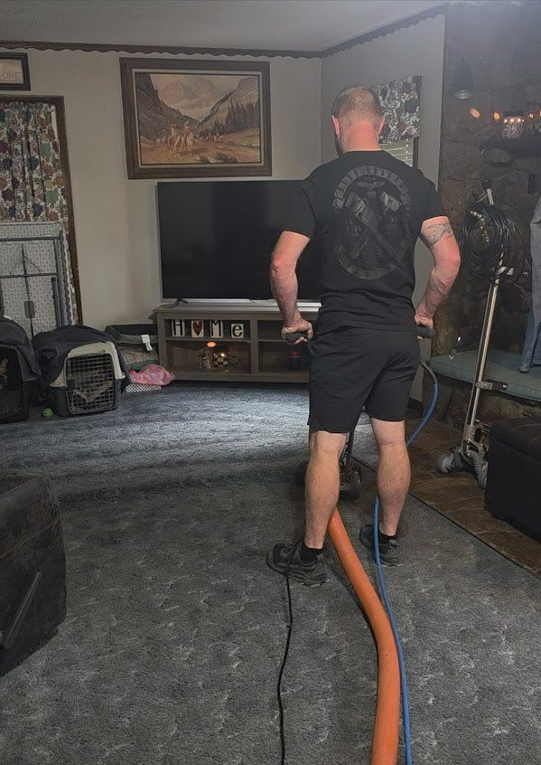 Person using a floor-cleaning machine on a carpeted living room floor, seen from behind