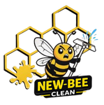 New-Bee Clean logo with angry bee holding a squeegee, yellow paint splash, and honeycomb shapes