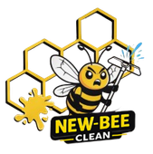 New-Bee Clean logo with angry bee holding a squeegee, yellow paint splash, and honeycomb shapes