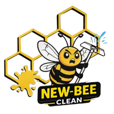 New-Bee Clean logo with angry bee holding a squeegee, yellow paint splash, and honeycomb shapes