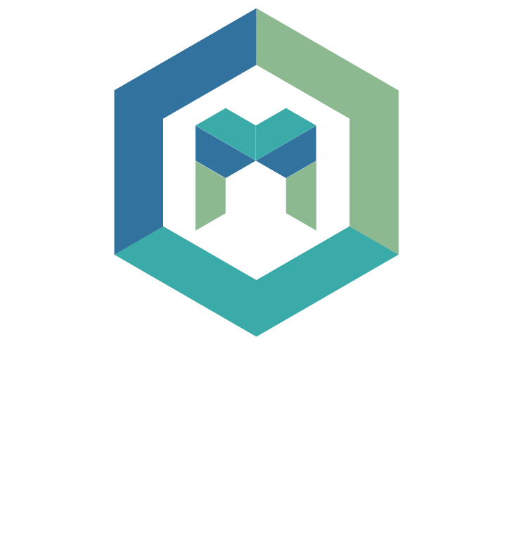A blue and green hexagon with a letter m inside of it.