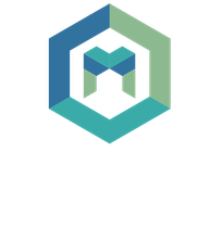 A blue and green hexagon with a letter m inside of it.