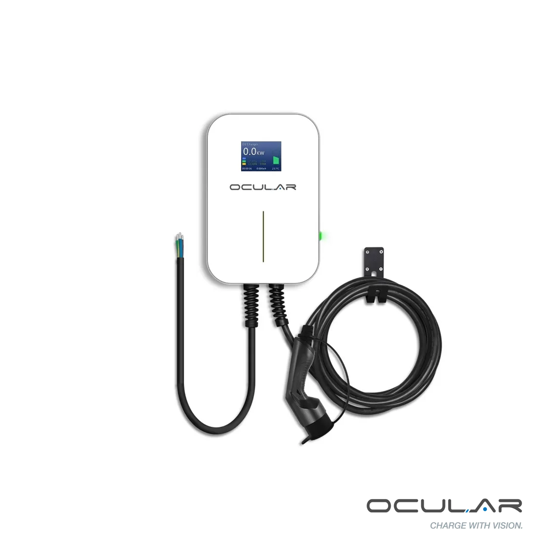 A white electric car charger with a black cable attached to it.