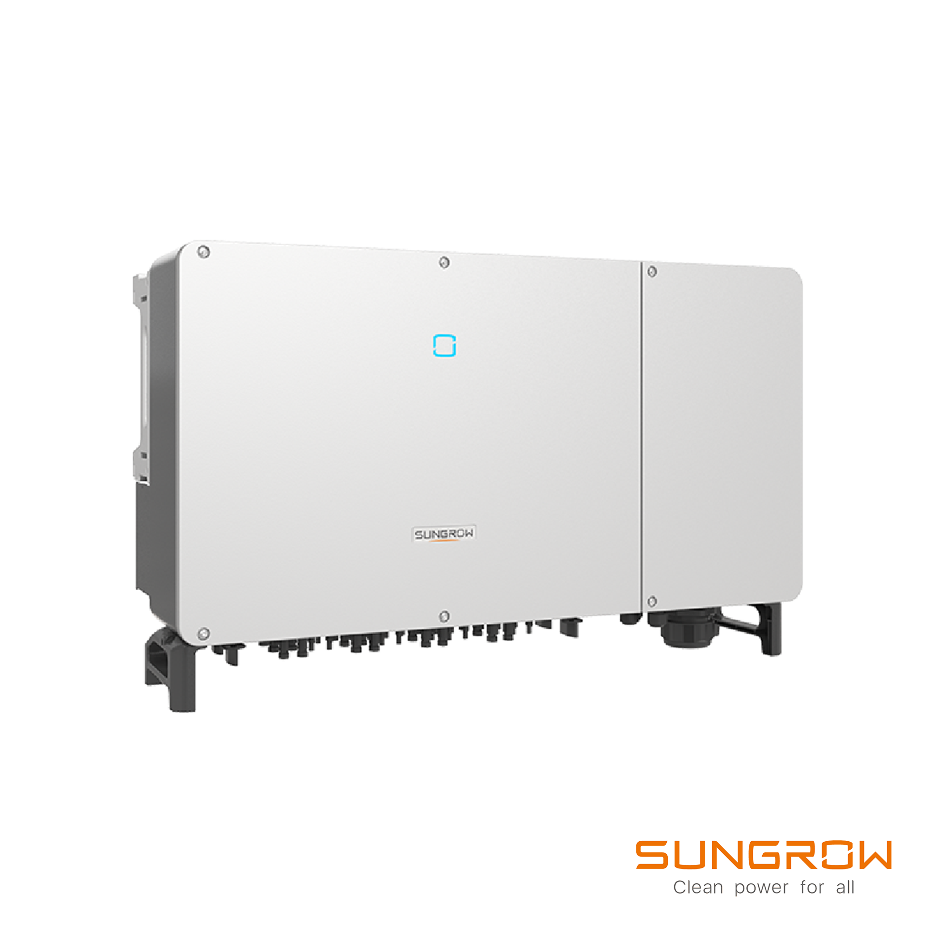 A sungrow solar inverter is sitting on top of a white surface.