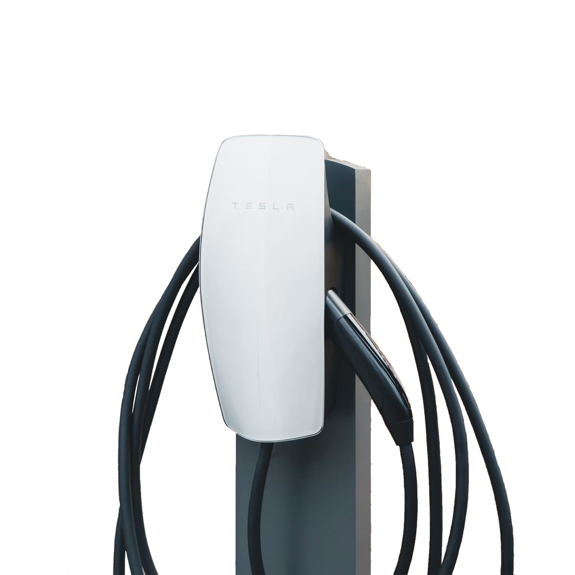 A tesla charging station with two cables attached to it