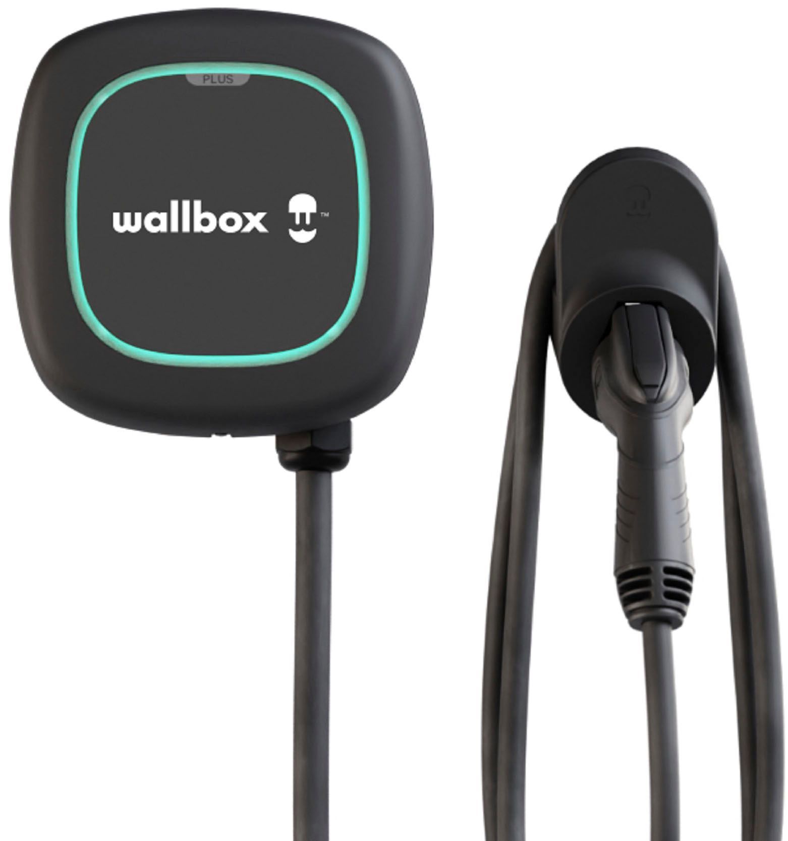 A wallbox electric vehicle charger with two cables attached to it
