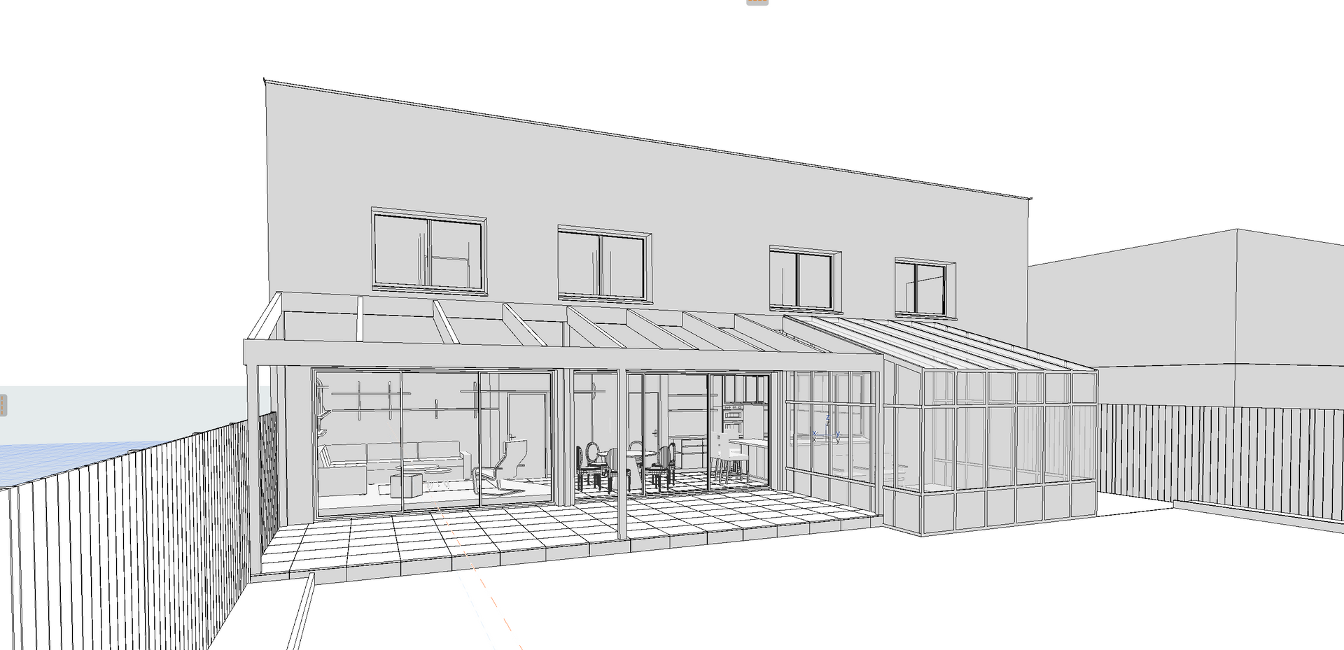 Croquis architectural d'une maison avec véranda en verre et clôture.
