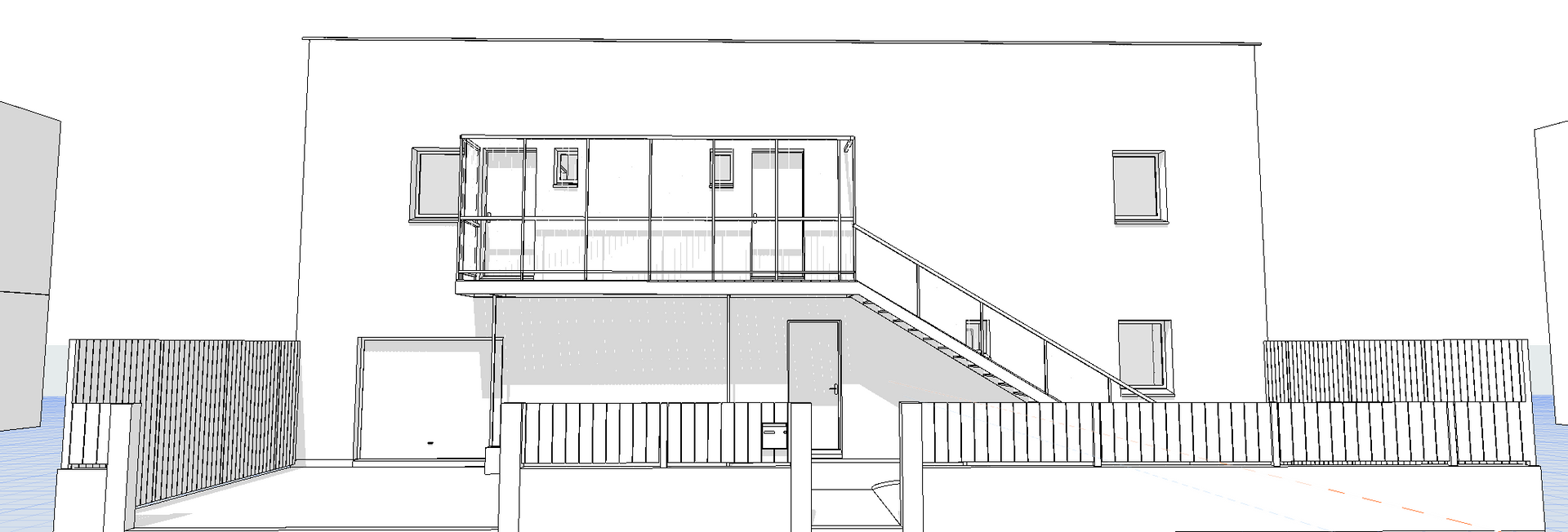 Dessin architectural d'une façade de bâtiment avec une partie en porte-à-faux et un escalier.