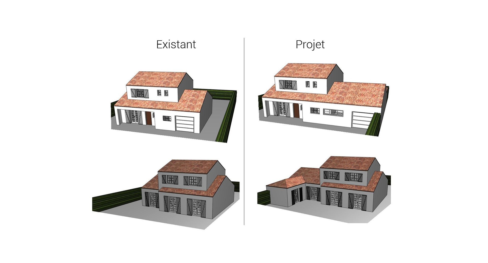 Quatre rendus 3D de maisons, intitulées « Existant » et « Projet », présentant différents modèles.