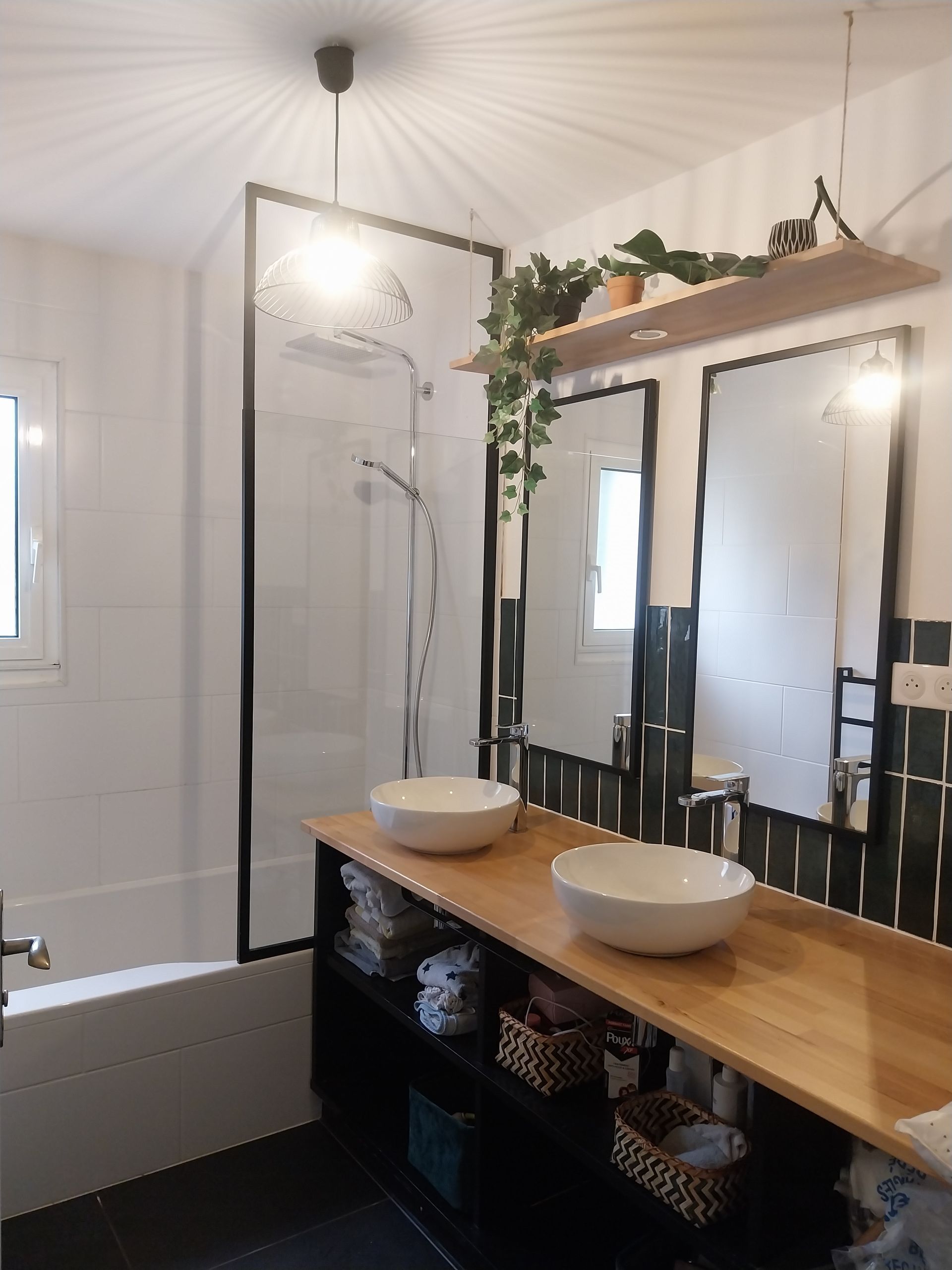 Salle de bains avec deux lavabos sur un comptoir en bois, miroirs, douche et étagère avec plantes