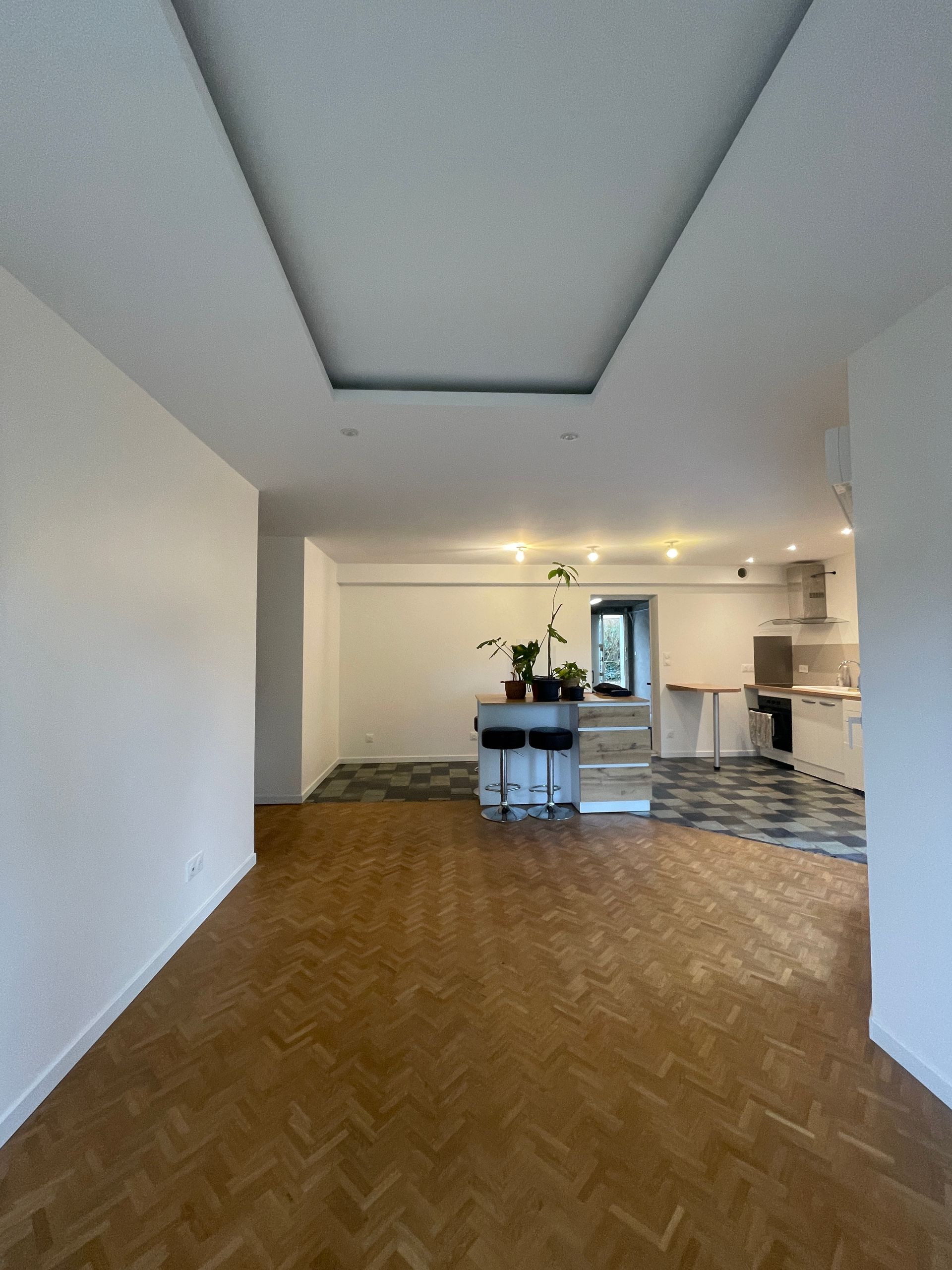 Espace de vie vide avec parquet, murs blancs et une cuisine visible en arrière-plan.