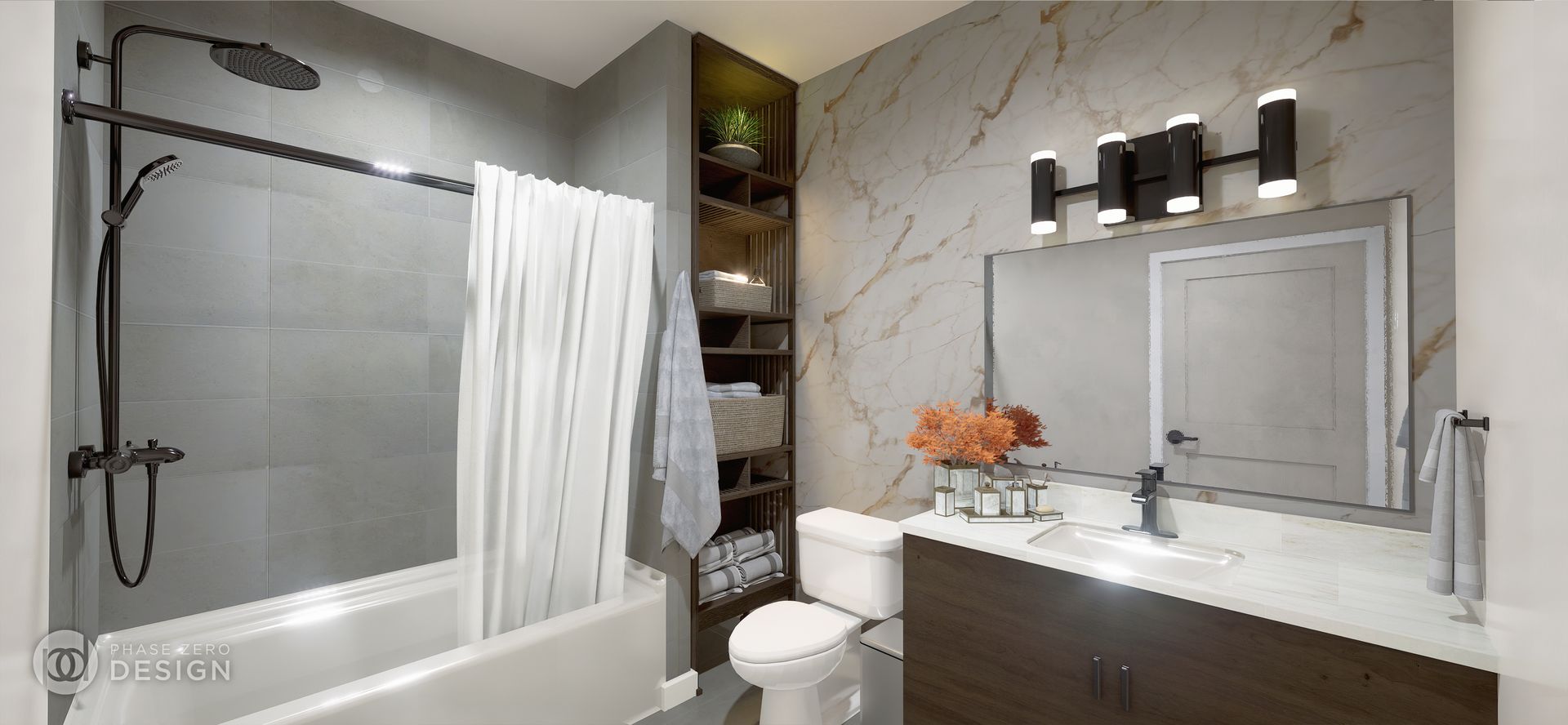 Modern bathroom with tiled shower, white tub curtain, vanity sink, mirror, and dark wood cabinets