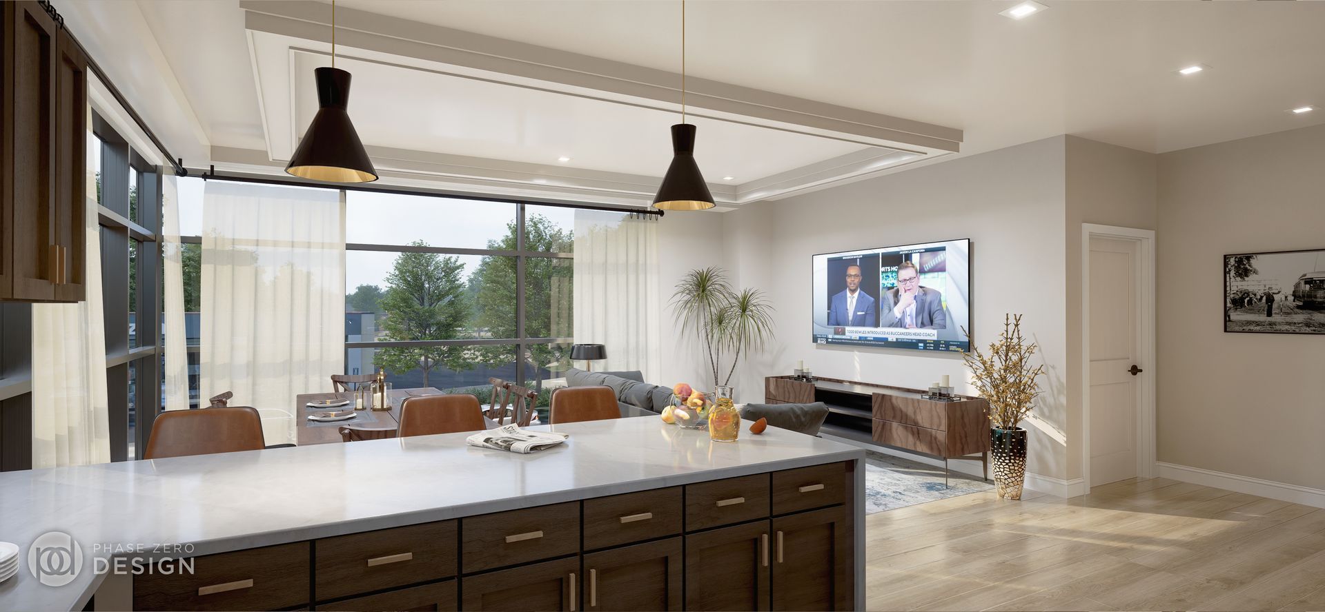 Modern kitchen and living area with island, pendant lights, large windows, and a wall-mounted TV.