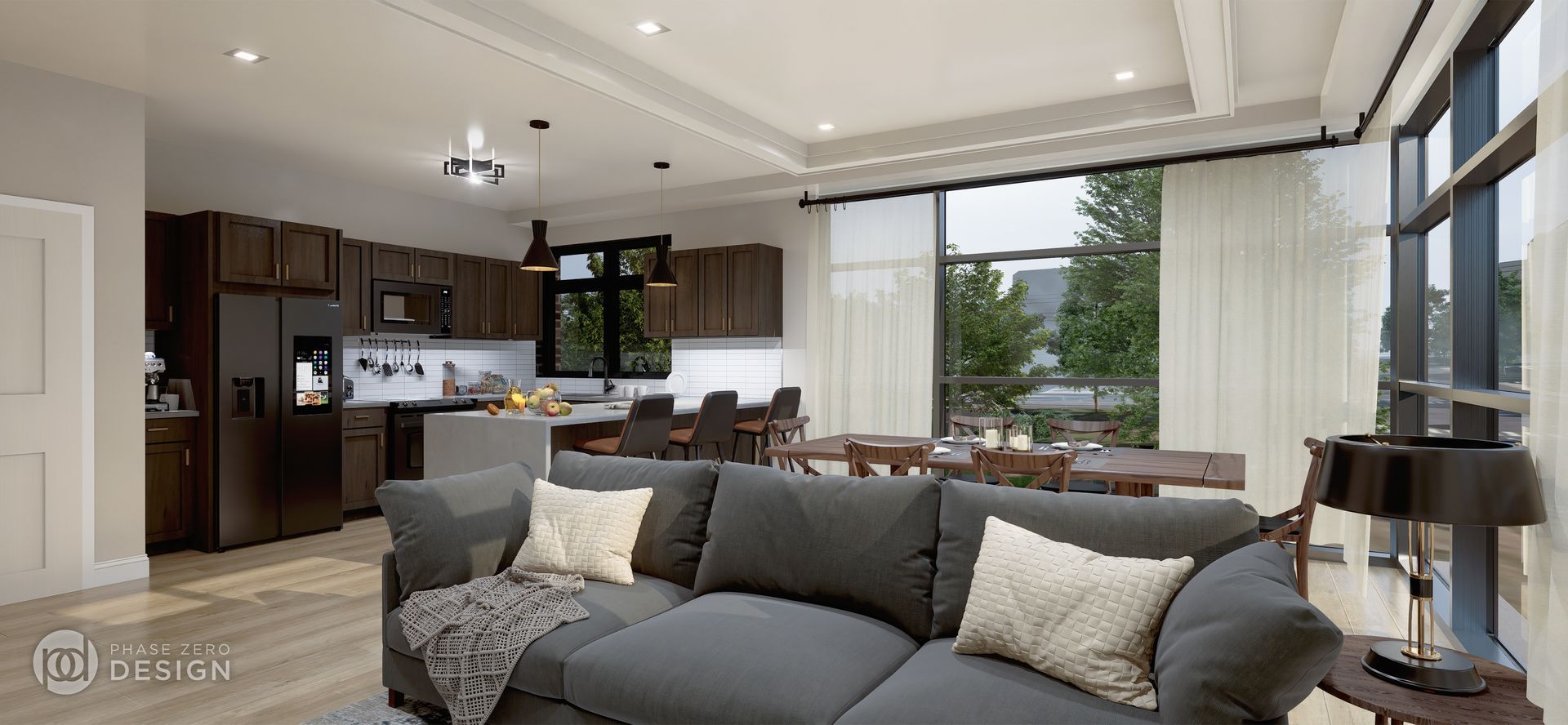 Modern open-plan living room with gray sofa, kitchen island, and large windows with city view