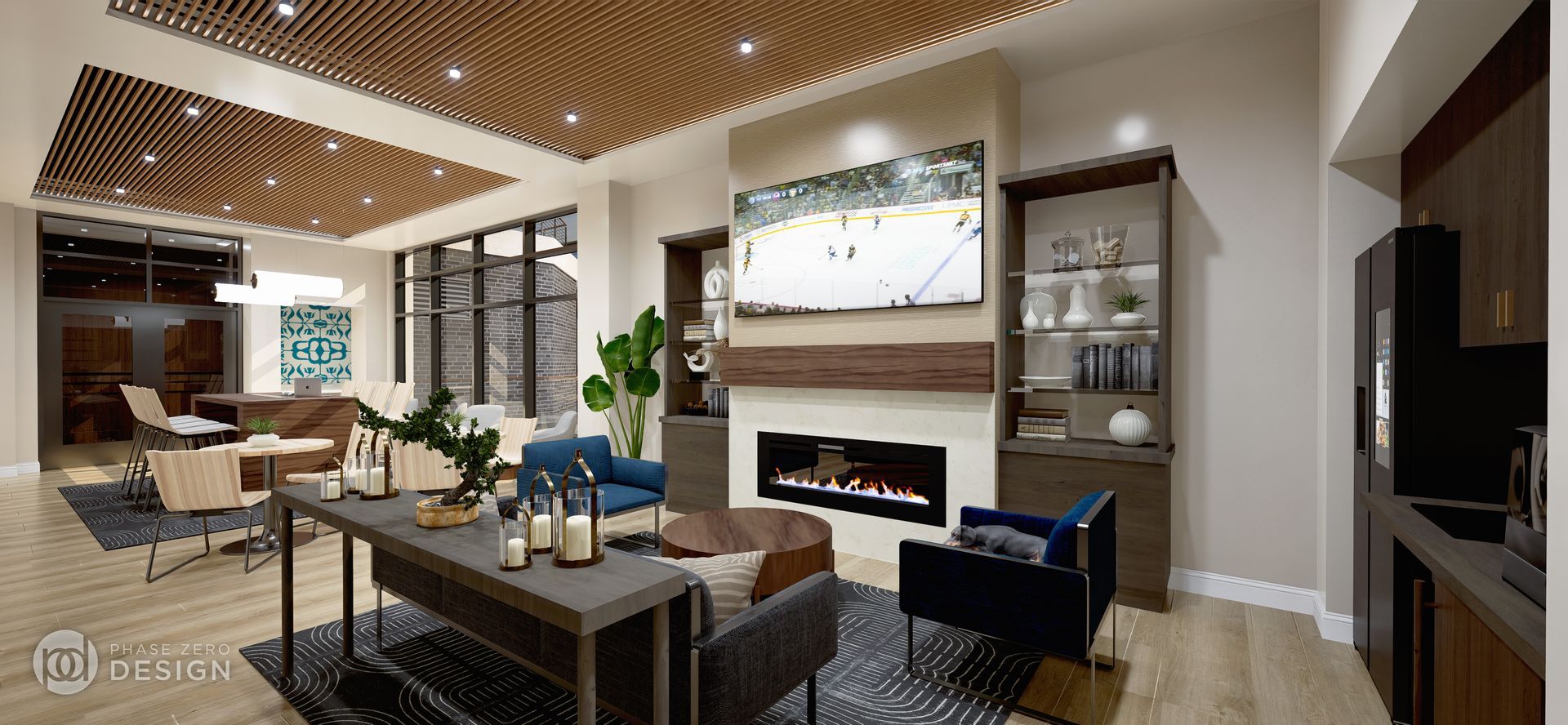 Modern open-plan living room with fireplace, TV, dining table, and large windows
