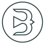 Stylized gray “B” logo inside a gray circle on a white background