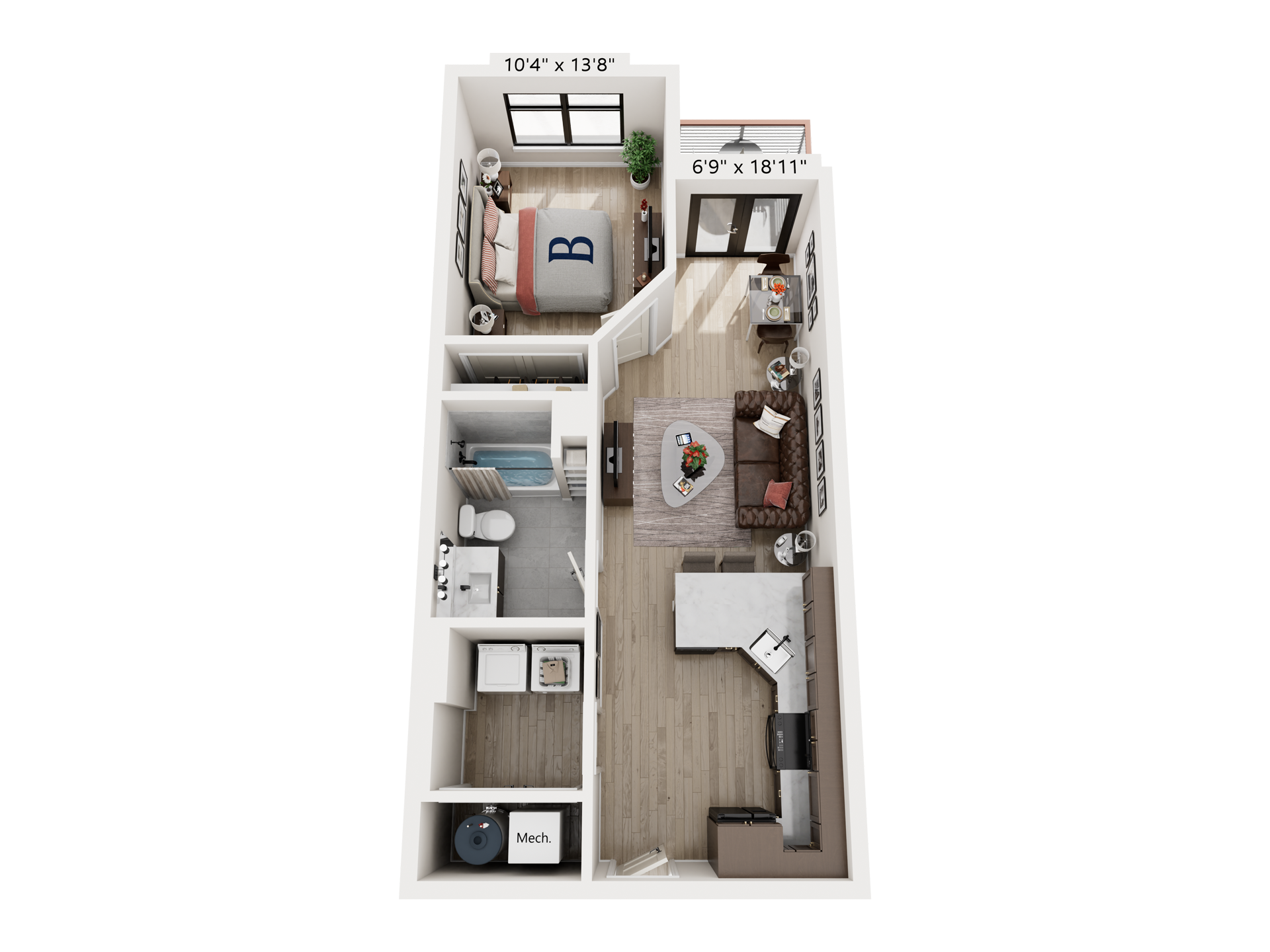 Top-down 3D floor plan of a compact apartment with bedroom, bath, kitchen, living area, and balcony.