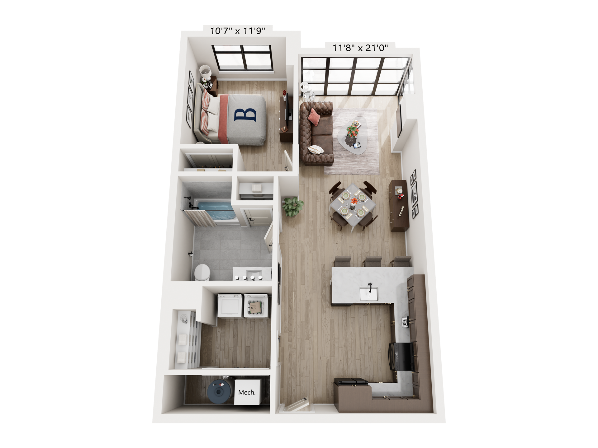 3D floor plan of a small apartment with bedroom, bathroom, kitchen, and living area with dark sectional sofa.