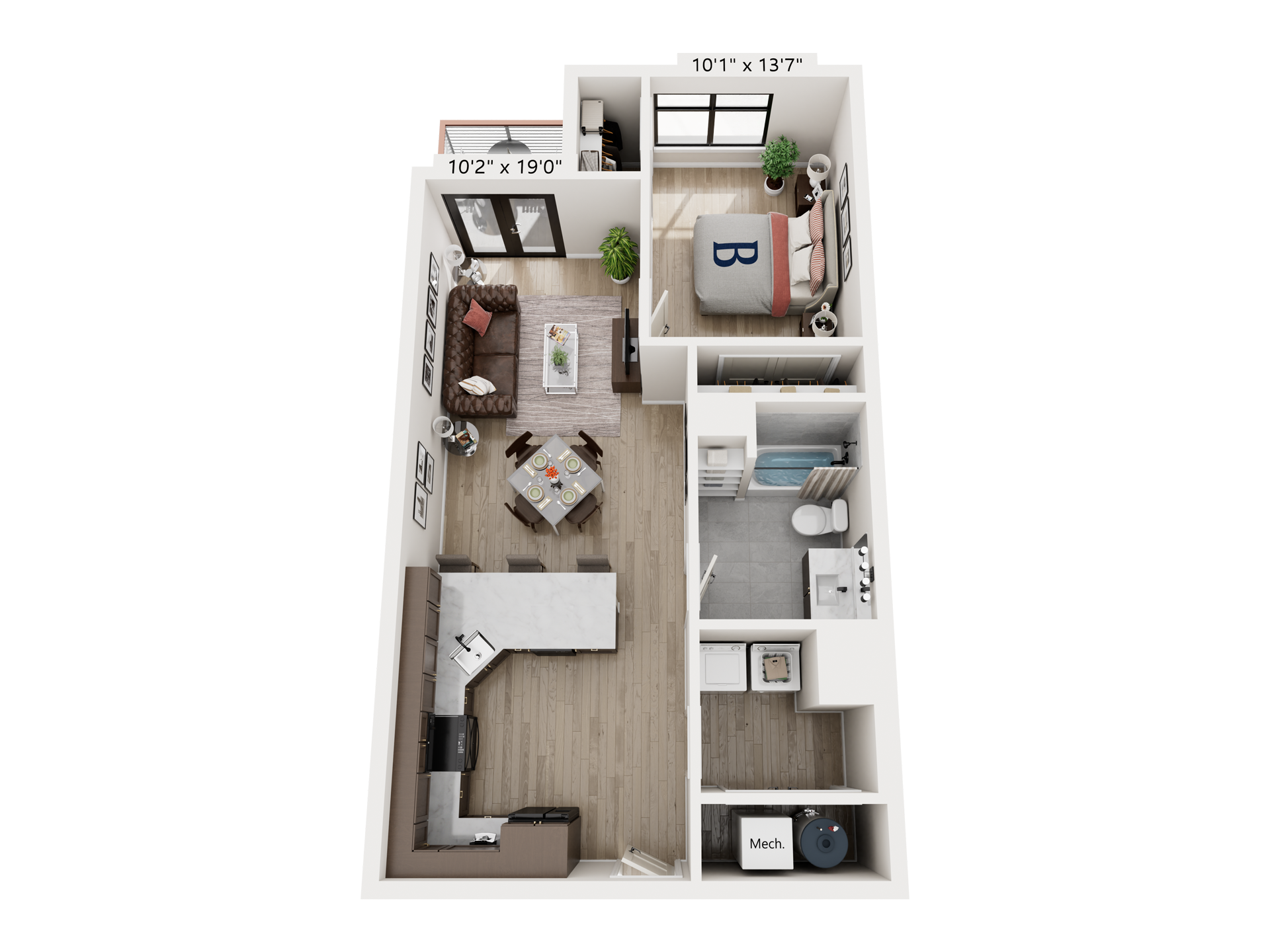 Top-down view of a small apartment floor plan with living room, kitchen, bedroom, bathroom, and entryway.