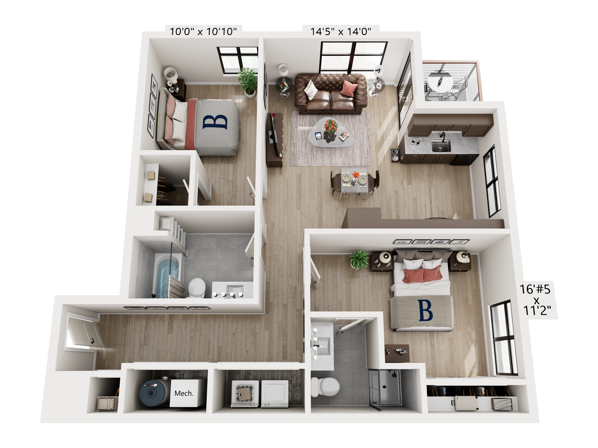 3D floor plan of a modern two-bedroom apartment with living room, kitchen, bath, and balcony.