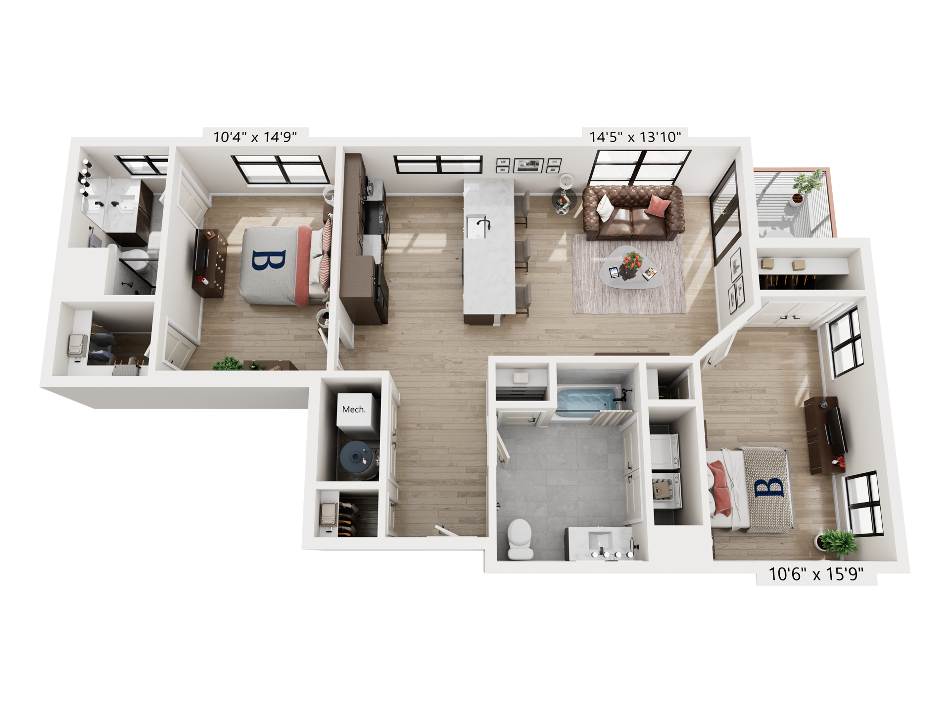 3D floor plan of a modern apartment with open kitchen, living room, bedroom, bathroom, and balcony.