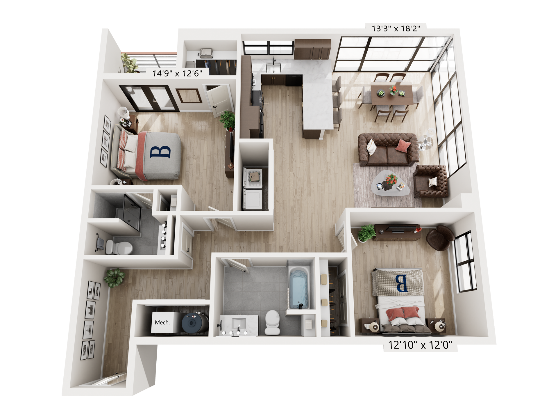 3D floor plan of a compact apartment with living room, kitchen, bedroom, and bath areas