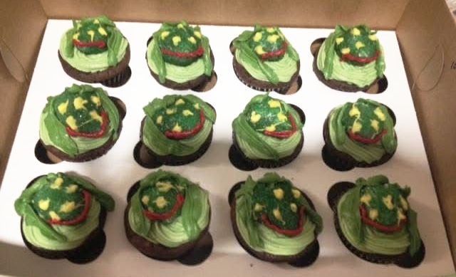 Twelve chocolate cupcakes with green frosting, decorated as Little Shop of Horrors themed, in a white box.