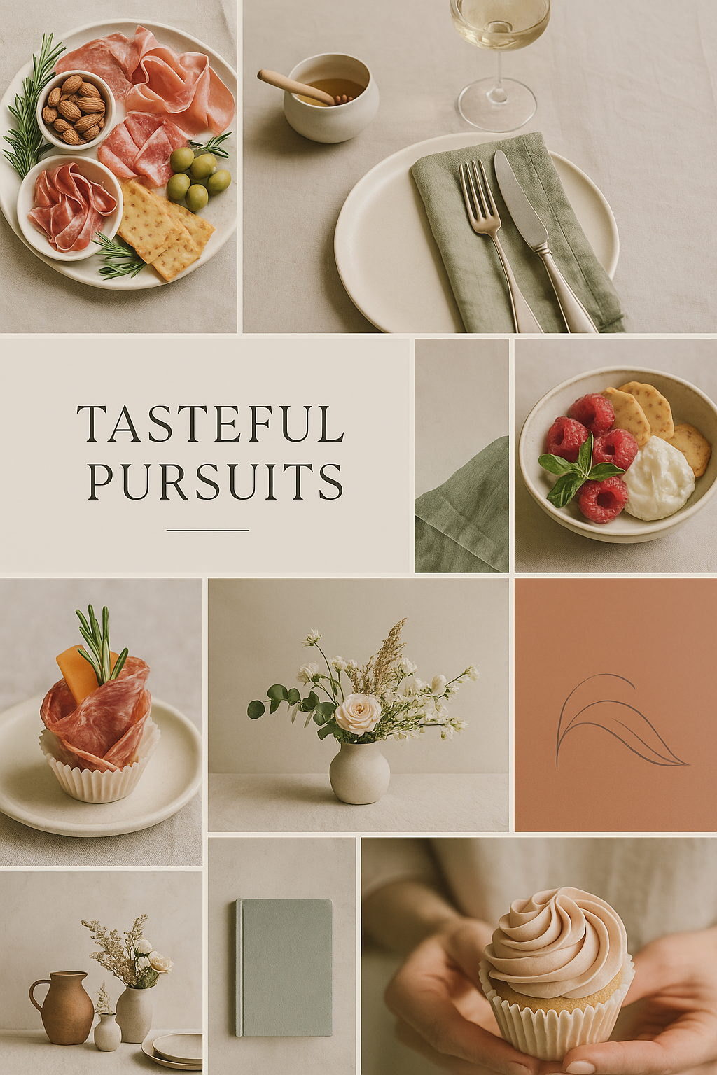 Collage with food and lifestyle elements: charcuterie, cupcake, flowers, book, with the text “Tasteful Pursuits.”