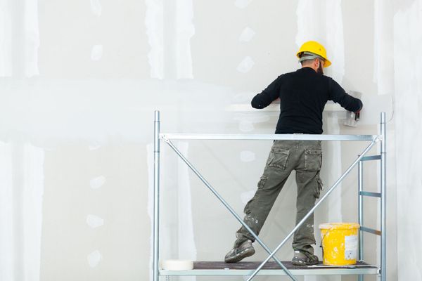 A man is standing on a scaffolding painting a wall.