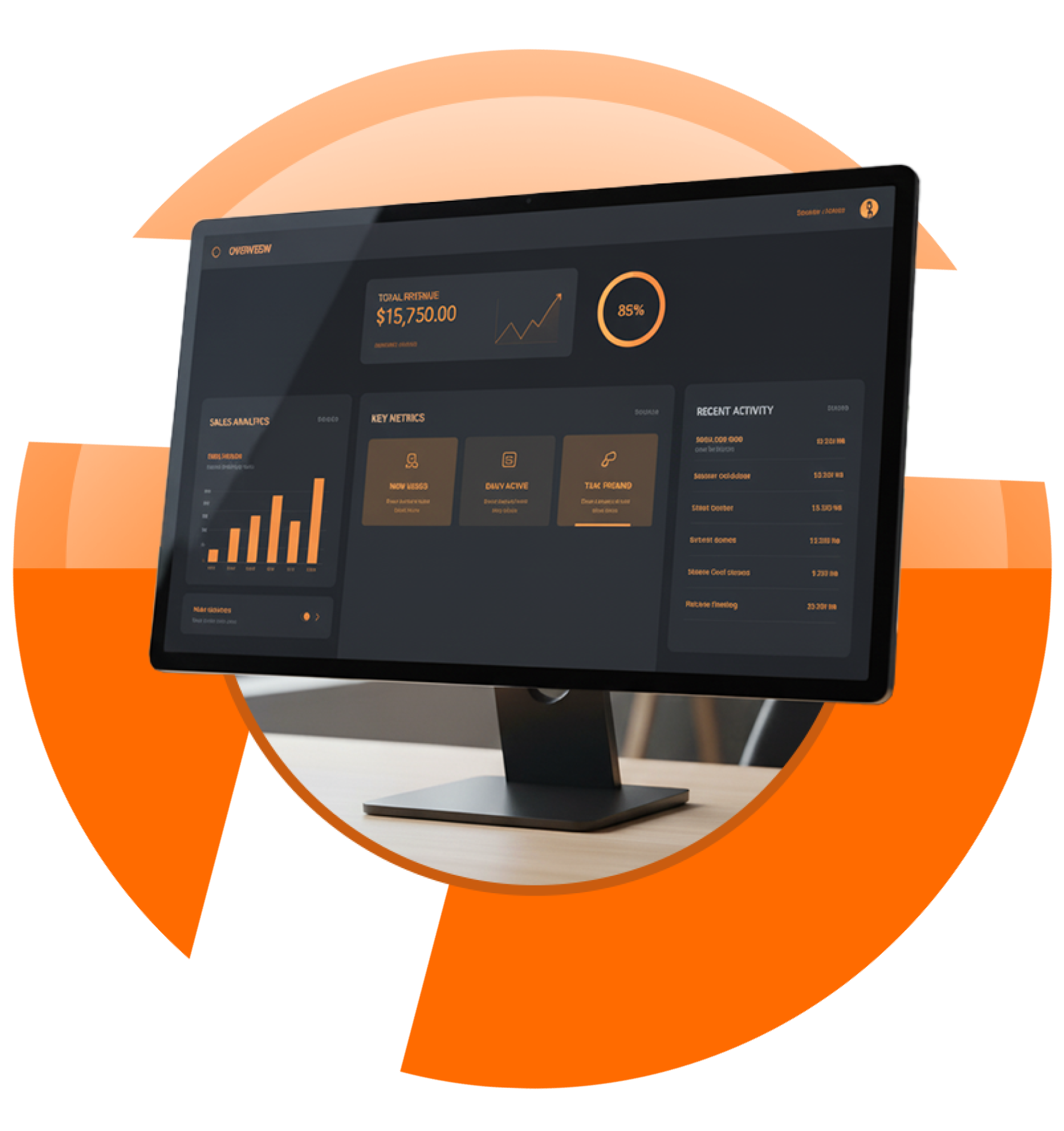 Black computer monitor displaying data visualizations, orange accents, sitting on a desk.