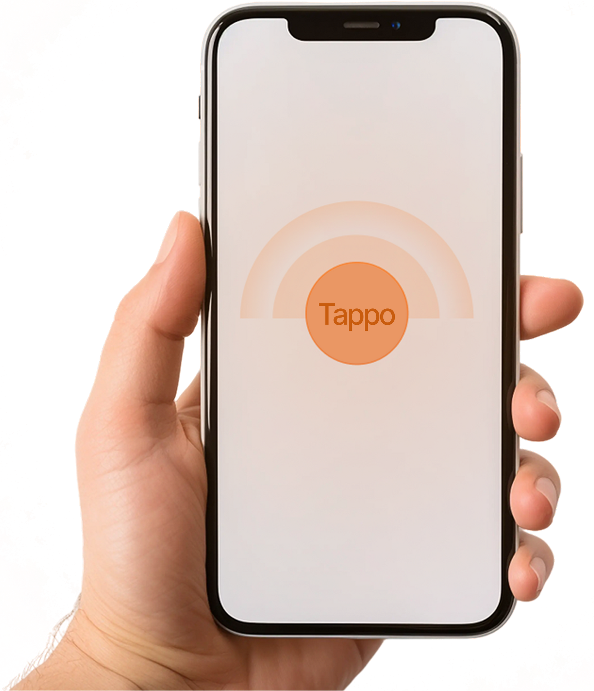 Hand holding a phone displaying an orange app screen with the word 