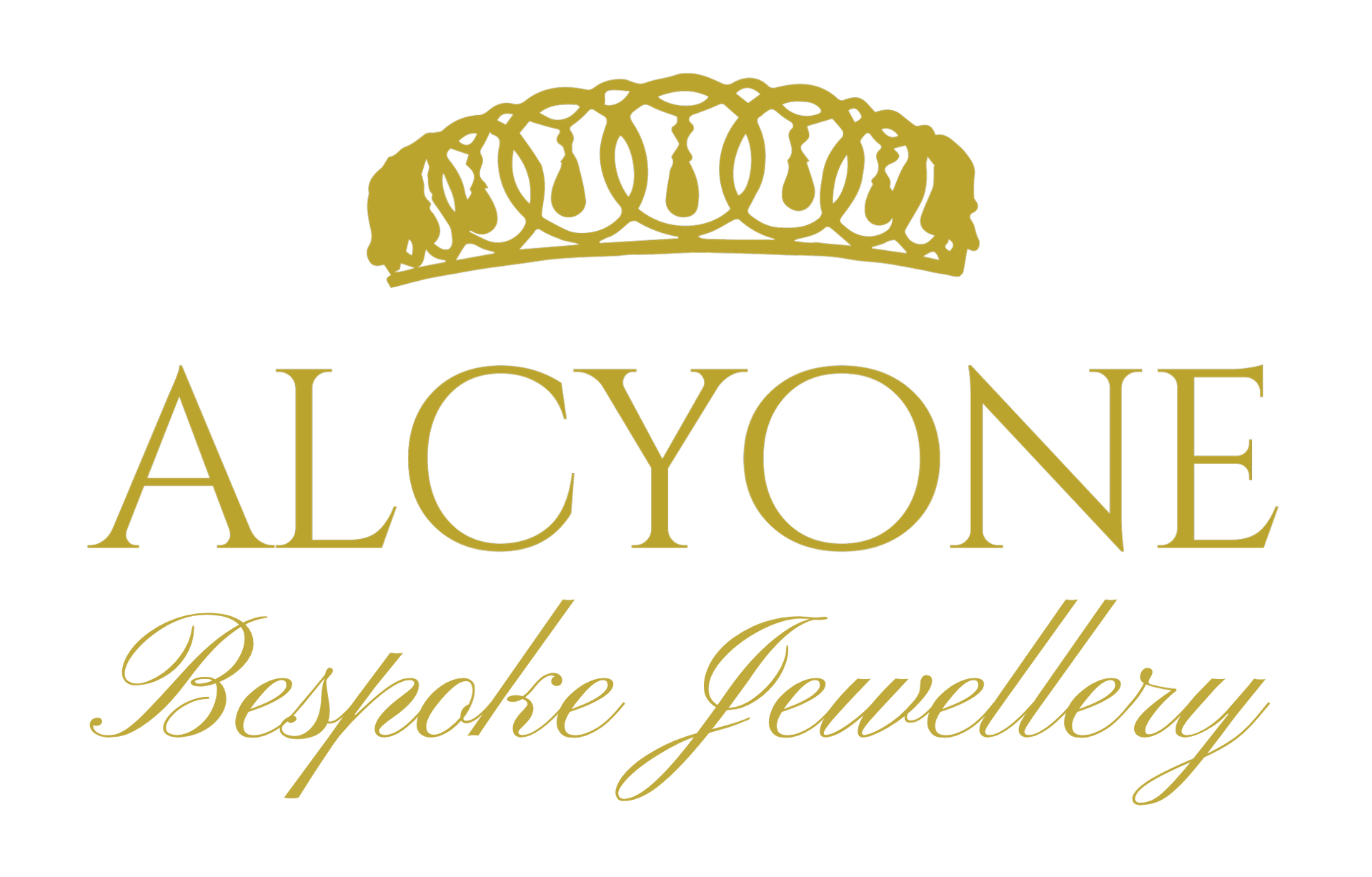 Gold logo for Alcyone Custom Made Jewellery featuring a tiara icon above the business name in elegant font.