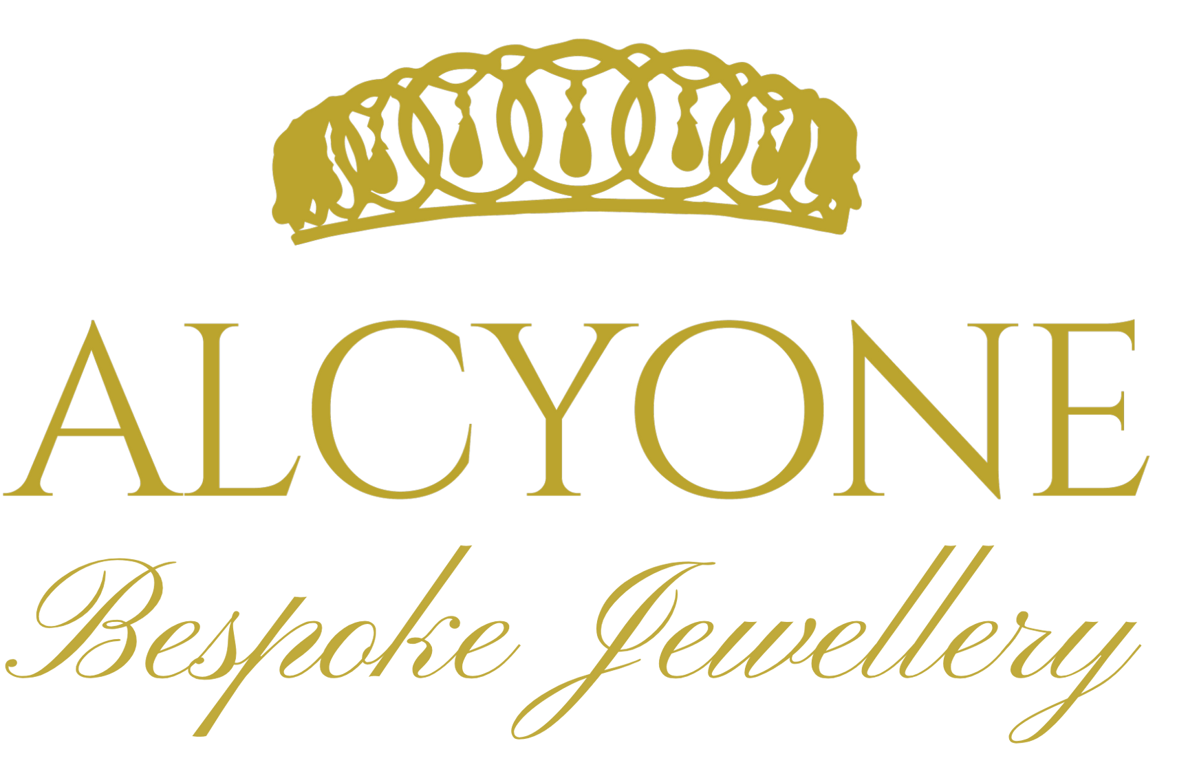 Gold logo for Alcyone Custom Made Jewellery featuring a stylized tiara above the text.