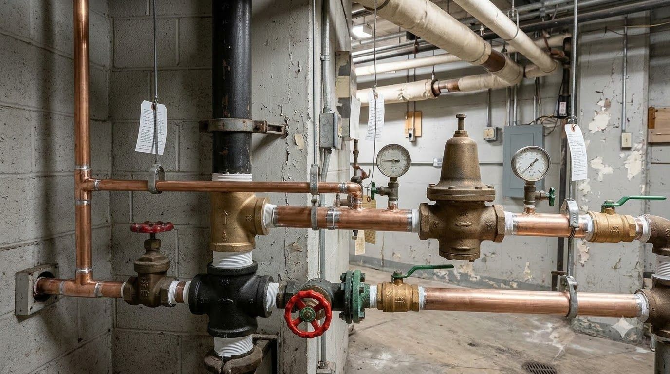 Industrial boiler room with copper pipes, valves, gauges, and a red-circled component on the floor line