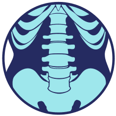 X-ray of a spine and ribcage within a blue circle, teal bones on a navy background.