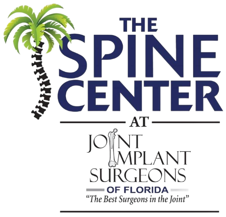 Logo for The Spine Center at Joint Implant Surgeons of Florida, with a palm tree and tagline