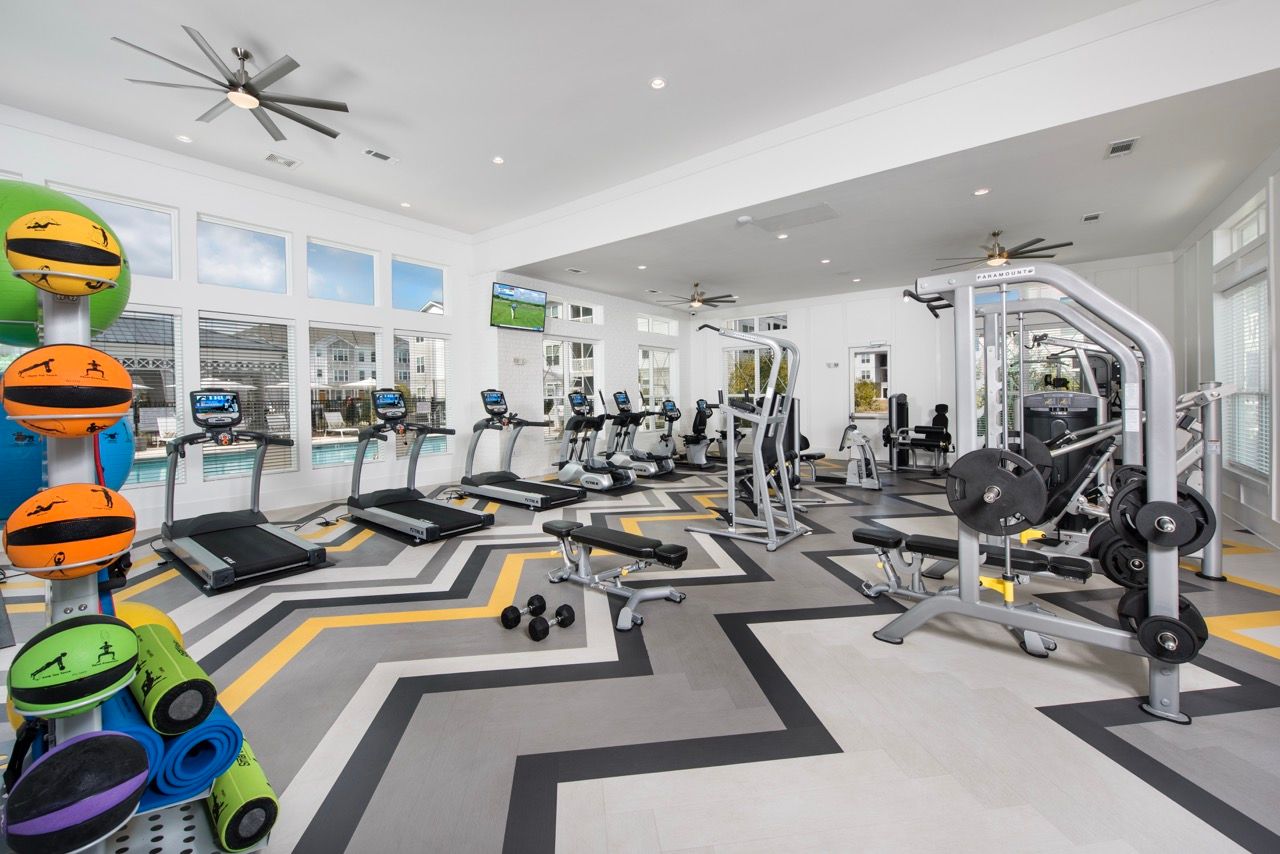 Bright apartment gym with cardio machines, free weights, and large windows.