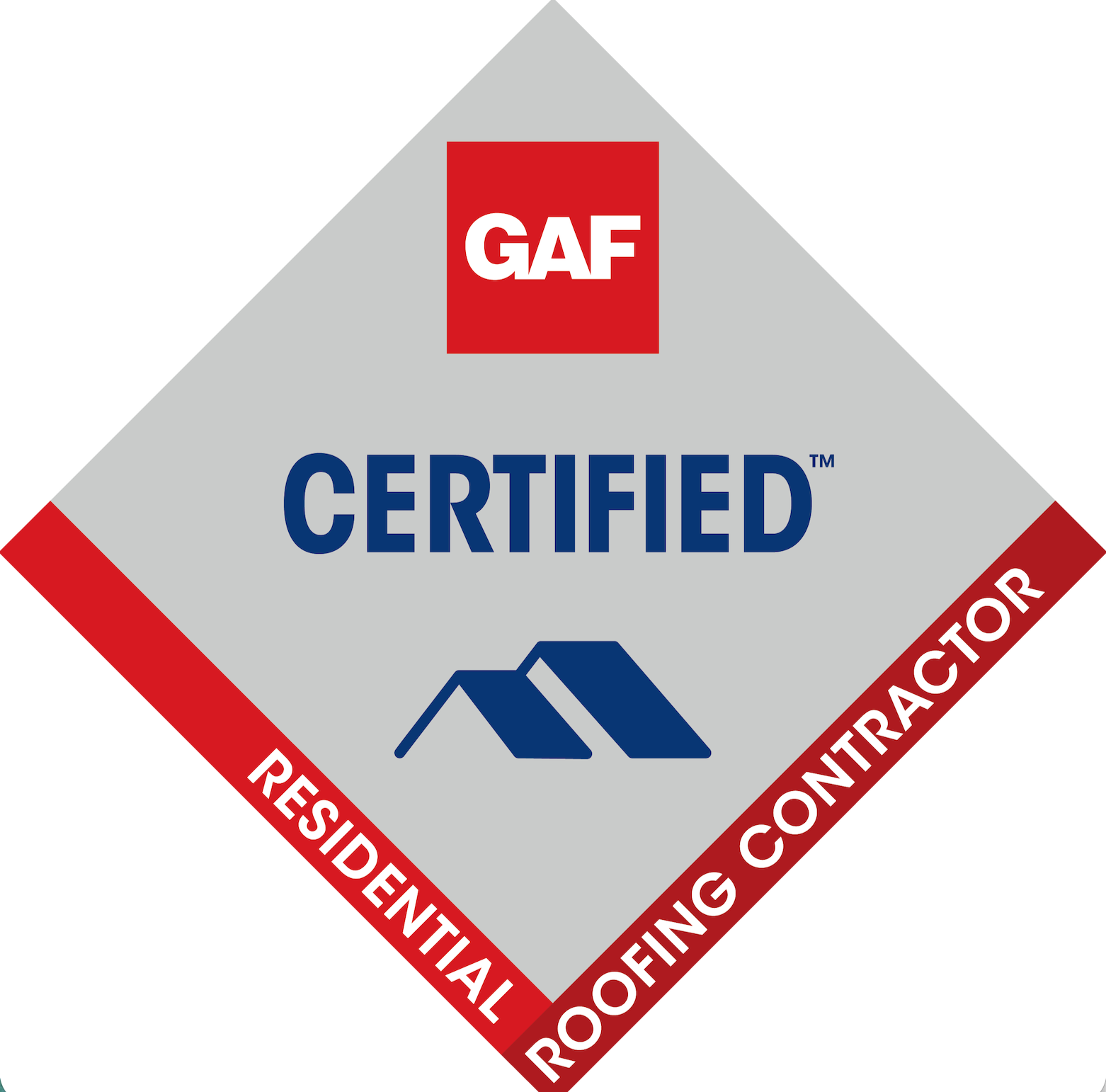 GAF Certified Residential Roofing Contractor badge with red, white, and blue diamond design