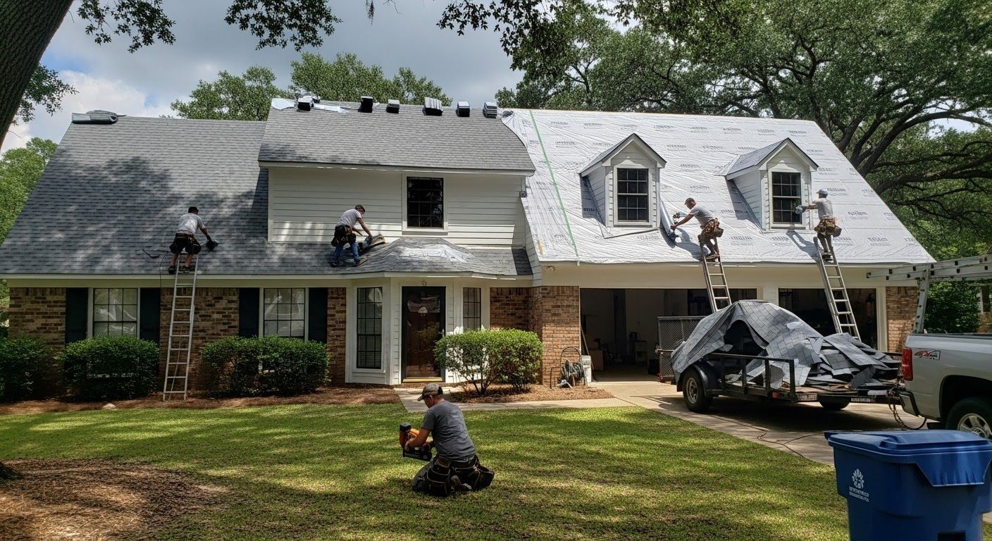House with dark and white roof undergoing roof work, with workers and construction equipment in the yard