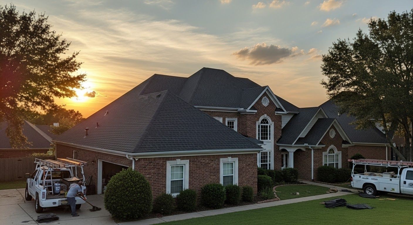 Suburban brick homes at sunset with lawn, trees, and work trucks parked in the driveway