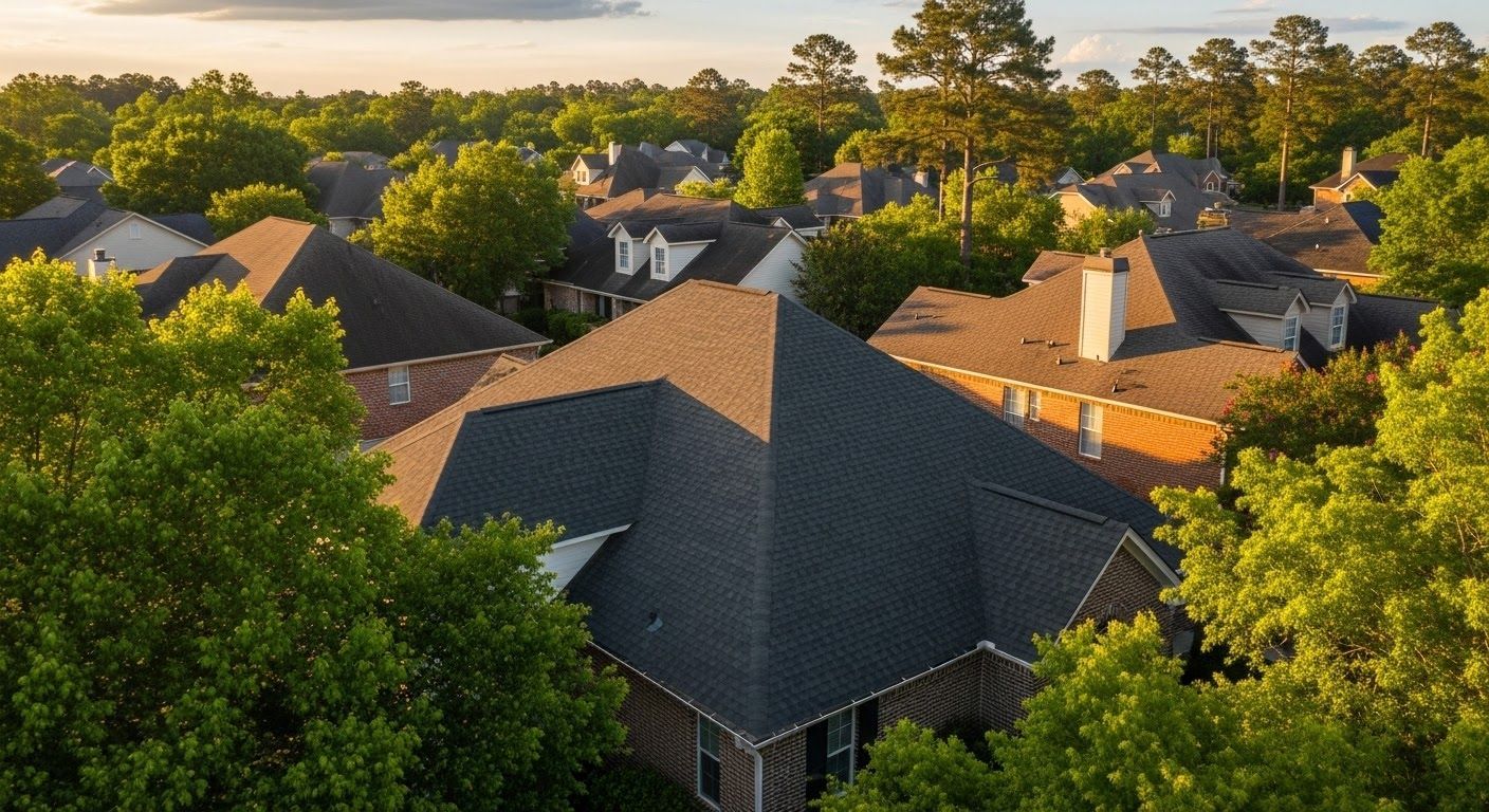 Aerial view of a suburban neighborhood with tree-lined houses and dark roofs at sunset
