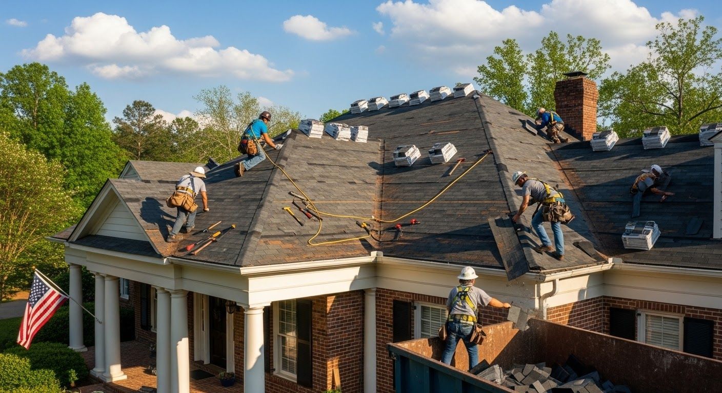 Roofers working on a large house roof under a blue sky with clouds