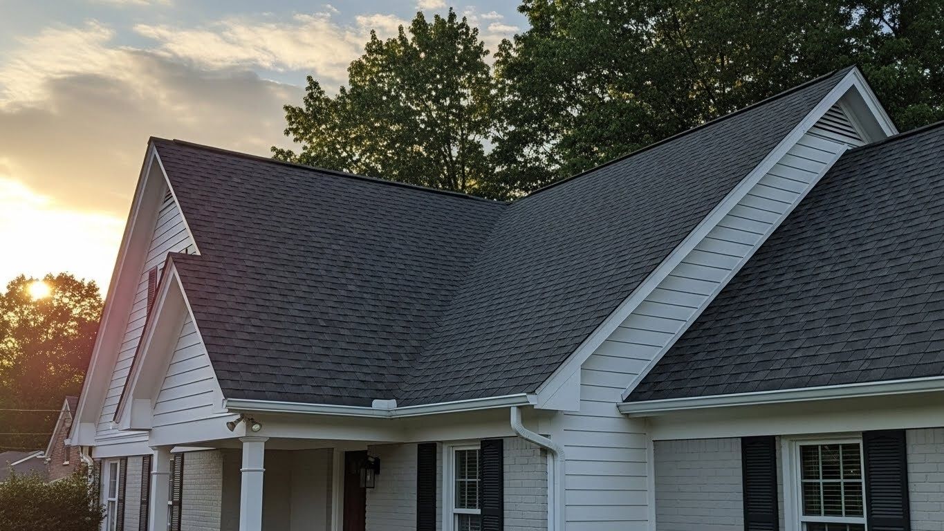 White house with dark gray roof at sunset, with trees and warm light in the background