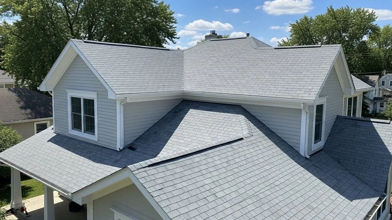 Aerial view of a house with a gray shingled roof and dormer windows surrounded by trees.