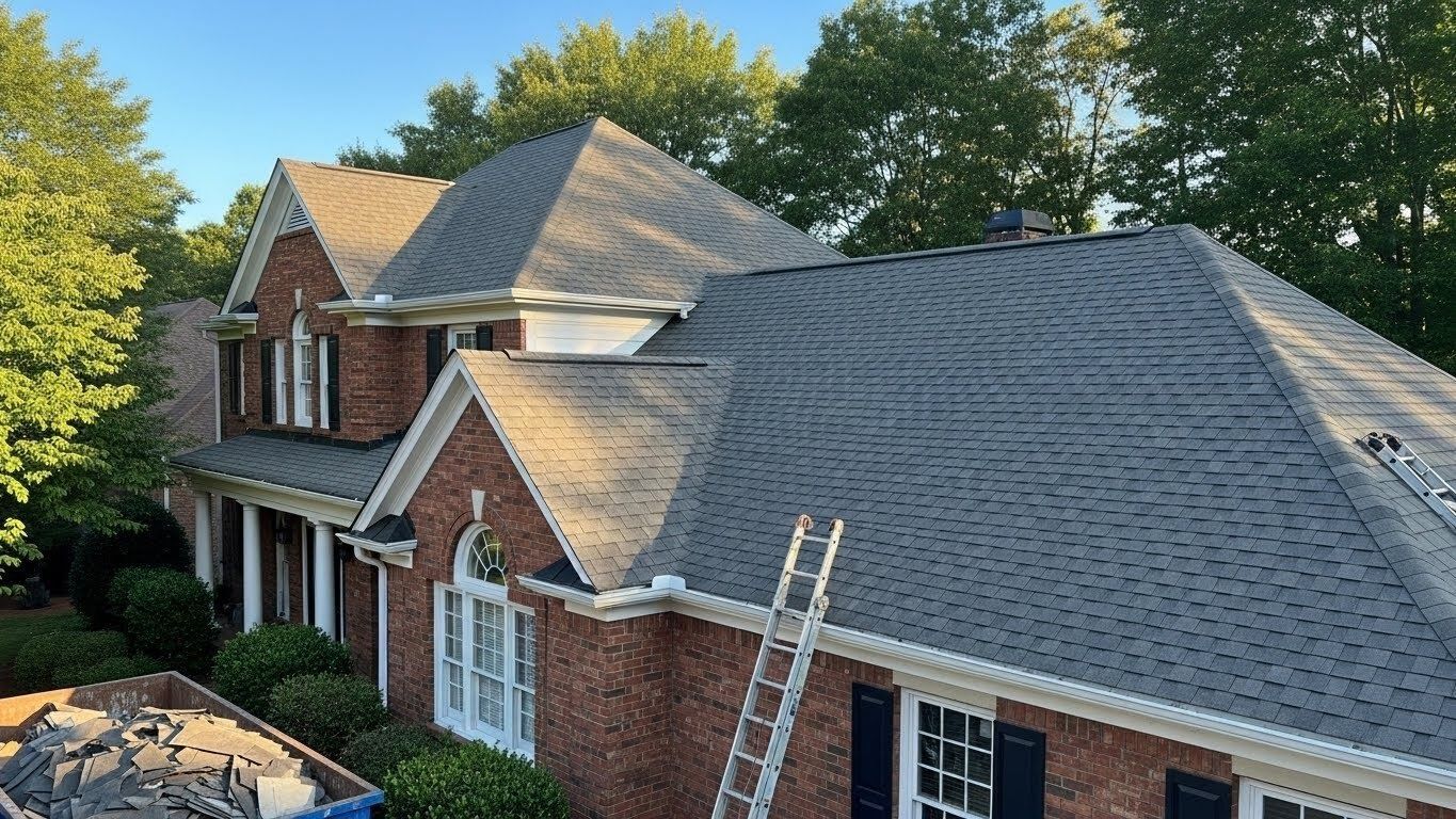 Brick house with gray shingle roof and ladders on the roof, surrounded by trees in daylight
