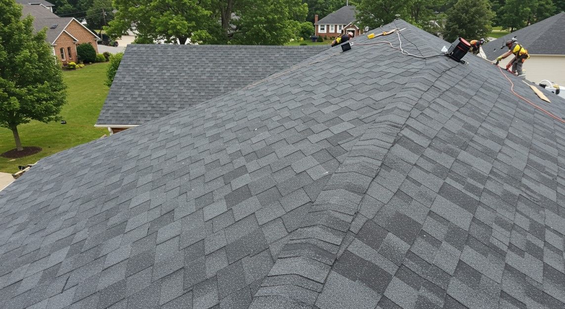 Gray shingled roof with workers near the ridge, viewed from above in a suburban neighborhood