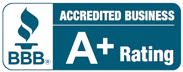 BBB Accredited Business A+ Rating logo in teal, white, and black