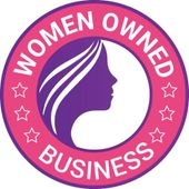 Pink circular Women Owned Business badge with white profile silhouette and stars