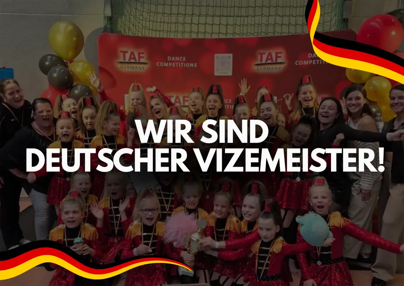 Group of dancers celebrating their win. Text reads: